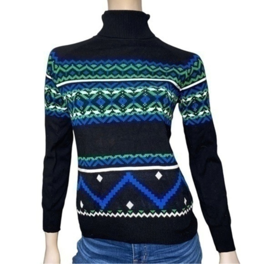 Yuka Women’s Size 2 M Black White Green Blue Fair Isle Turtleneck Sweater